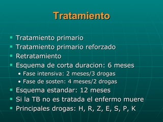 Tratamiento Tratamiento primario Tratamiento primario reforzado Retratamiento Esquema de corta duracion: 6 meses Fase intensiva: 2 meses/3 drogas Fase de sosten: 4 meses/2 drogas Esquema estandar: 12 meses Si la TB no es tratada el enfermo muere Principales drogas: H, R, Z, E, S, P, K 
