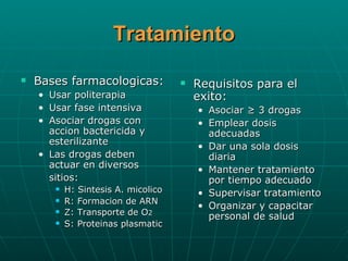 Tratamiento Bases farmacologicas: Usar politerapia Usar fase intensiva Asociar drogas con accion bactericida y esterilizante Las drogas deben actuar en diversos  sitios: H: Sintesis A. micolico R: Formacion de ARN Z: Transporte de O 2 S: Proteinas plasmatic Requisitos para el exito: Asociar ≥ 3 drogas Emplear dosis adecuadas Dar una sola dosis diaria Mantener tratamiento por tiempo adecuado Supervisar tratamiento Organizar y capacitar personal de salud 