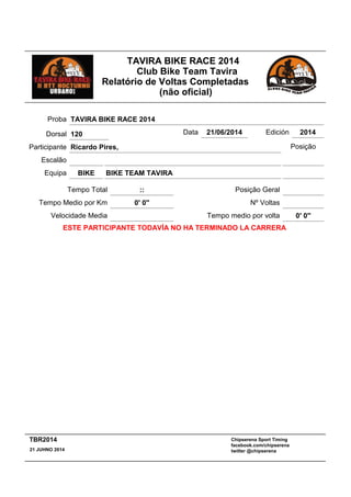 TAVIRA BIKE RACE 2014
Club Bike Team Tavira
Relatório de Voltas Completadas
(não oficial)
:: Posição GeralTempo Total
Escalão
BIKE TEAM TAVIRABIKEEquipa
Participante Ricardo Pires,
Proba TAVIRA BIKE RACE 2014
Data 21/06/2014 Edición 2014
Velocidade Media
Tempo Medio por Km 0' 0''
Posição
Nº Voltas
Tempo medio por volta 0' 0''
ESTE PARTICIPANTE TODAVÍA NO HA TERMINADO LA CARRERA
Dorsal 120
Chipserena Sport Timing
facebook.com/chipserena
twitter @chipserena21 JUHNO 2014
TBR2014
 