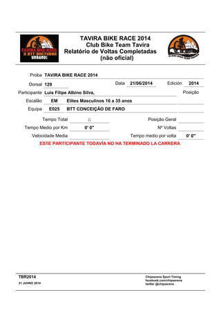 TAVIRA BIKE RACE 2014
Club Bike Team Tavira
Relatório de Voltas Completadas
(não oficial)
Elites Masculinos 16 a 35 anos
:: Posição Geral
EM
Tempo Total
Escalão
BTT CONCEIÇÃO DE FAROE025Equipa
Participante Luis Filipe Albino Silva,
Proba TAVIRA BIKE RACE 2014
Data 21/06/2014 Edición 2014
Velocidade Media
Tempo Medio por Km 0' 0''
Posição
Nº Voltas
Tempo medio por volta 0' 0''
ESTE PARTICIPANTE TODAVÍA NO HA TERMINADO LA CARRERA
Dorsal 129
Chipserena Sport Timing
facebook.com/chipserena
twitter @chipserena21 JUHNO 2014
TBR2014
 