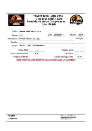 TAVIRA BIKE RACE 2014
Club Bike Team Tavira
Relatório de Voltas Completadas
(não oficial)
:: Posição GeralTempo Total
Escalão
BTT - QuarteirenseBTT -Equipa
Participante Afonso Amador Da Luz,
Proba TAVIRA BIKE RACE 2014
Data 21/06/2014 Edición 2014
Velocidade Media
Tempo Medio por Km 0' 0''
Posição
Nº Voltas
Tempo medio por volta 0' 0''
ESTE PARTICIPANTE TODAVÍA NO HA TERMINADO LA CARRERA
Dorsal 276
Chipserena Sport Timing
facebook.com/chipserena
twitter @chipserena21 JUHNO 2014
TBR2014
 