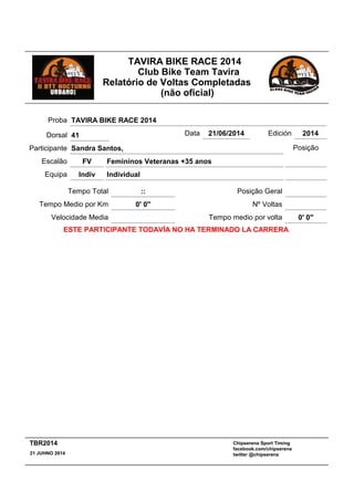 TAVIRA BIKE RACE 2014
Club Bike Team Tavira
Relatório de Voltas Completadas
(não oficial)
Femininos Veteranas +35 anos
:: Posição Geral
FV
Tempo Total
Escalão
IndividualIndivEquipa
Participante Sandra Santos,
Proba TAVIRA BIKE RACE 2014
Data 21/06/2014 Edición 2014
Velocidade Media
Tempo Medio por Km 0' 0''
Posição
Nº Voltas
Tempo medio por volta 0' 0''
ESTE PARTICIPANTE TODAVÍA NO HA TERMINADO LA CARRERA
Dorsal 41
Chipserena Sport Timing
facebook.com/chipserena
twitter @chipserena21 JUHNO 2014
TBR2014
 