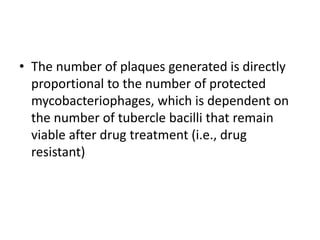 • The number of plaques generated is directly
proportional to the number of protected
mycobacteriophages, which is dependent on
the number of tubercle bacilli that remain
viable after drug treatment (i.e., drug
resistant)
 
