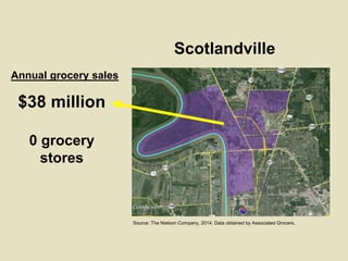 Scotlandville
Source: The Nielson Company, 2014. Data obtained by Associated Grocers.
Annual grocery sales
0 grocery
store...