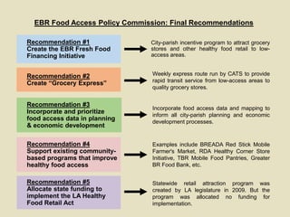 Recommendation #1
Create the EBR Fresh Food
Financing Initiative
City-parish incentive program to attract grocery
stores a...
