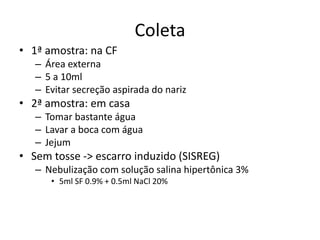 Coleta 
• 1ª amostra: na CF 
– Área externa 
– 5 a 10ml 
– Evitar secreção aspirada do nariz 
• 2ª amostra: em casa 
– Tomar bastante água 
– Lavar a boca com água 
– Jejum 
• Sem tosse -> escarro induzido (SISREG) 
– Nebulização com solução salina hipertônica 3% 
• 5ml SF 0.9% + 0.5ml NaCl 20% 
 