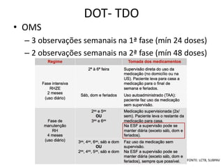 DOT- TDO 
• OMS 
– 3 observações semanais na 1ª fase (mín 24 doses) 
– 2 observações semanais na 2ª fase (mín 48 doses) 
FONTE: LCTB, SUBPAV 
 