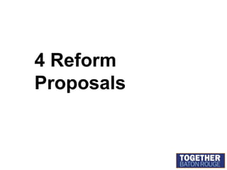 Proposal A:Basic Reform1. Decrease wait times from 75 minutes to 30 minutes.2. Increase service from 19 to 31 routes.3. Increase peak-hour buses from 32 to 42.4. Build 3 new transit hubs to replace “spoke” system with “grid” system.5. Overhaul bus stops, with new shelters, covers & benches.6. Add tracking to fleet, with exact arrival times accessible on cell phones.7. New signage with route and time info.8. Dedicated revenue source for transit. APreliminary Estimates OnlyTotal Transit Budget: $25 millionRequired from dedicated revenue source: $15mFederal & Other Funds leveraged: $10m per year  