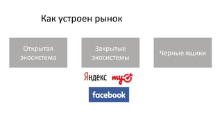 Как устроен рынок
Открытая
экосистема
Закрытые
экосистемы
Черные ящики
 