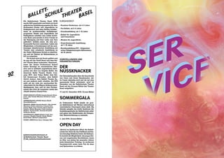 92
Die Ballettschule Theater Basel (BTB)
wurde 2001 gegründet und bietet ein breit
gefächertes Ausbildungsangebot für über
dreihundert Kinder und Jugendliche im
Hobbybereich und etwa fünfzig Schüler_
innen im professionellen Ausbildungs­
programm. Kinder und Jugendliche auf
Hobbyebene erhalten eine solide techni-
sche Basis und werden in ihrer Freude an
der Bewegung und ihrer Liebe zum Tanz
gefördert. Schüler_innen, die eine pro-
fessionelle Karriere anstreben, haben die
Möglichkeit, in Kombination mit der erst-
klassigen künstlerischen Ausbildung am
Theater eine schulische Ausbildung an
der Huber Widemann Schule zu absolvie-
ren und ein Diplom als Bühnentänzer_in
EFZ zu erwerben.
Die Schule wird als Verein geführt und
ist eng mit der Stadt Basel und dem Bal-
lett Theater Basel verbunden. Absolvent_
innen der Senior Professional School
haben Verträge an renommierten Häu-
sern und in weltweit angesehenen Kom-
panien wie dem Los Angeles Ballet, der
American ­Ballet Theatre Studio Com-
pany (NY), dem Tokyo Ballet, dem Bal-
lett Semperoper Dresden, dem Ballett
Zürich Juniors, dem Ballett Theater Ba-
sel und anderen mehr erhalten. Die BTB
steht auf der Liste der anerkannten Be-
rufsschulen für den Migros-Kulturprozent-
Studienpreis Tanz und ist eine Partner-
schule des «Prix de Lausanne» sowie des
«Youth America Grand Prix».
KÜNSTLERISCHE LEITUNG Amanda Bennett (Direk-
torin), Julie Christie Wherlock (Direktorin Junior
School)
ADMINISTRATIVE LEITUNG Simone Merkli
(Geschäftsführerin)
PÄDAGOG_INNEN Amanda Bennett, Julie Christie
Wherlock, Cinthia Labaronne, François Petit,
Viviana Molle, Anna Caviezel, Maria Libertad
Pedreira, Kihako Nirasawa, Cédric Anselme-
Mathieu, Thomas Kolbe, Armando Braswell,
Guillaume Musset
GASTPÄDAGOG_INNEN Stefanie Arndt, Sara
Lourenco, Nanette Glushak, Denise Welten,
David Peden, Michael Langeneckert
PIANIST_INNEN Bruno Raco, Giuseppe Stilo
KURSANGEBOT
›› Kreativer Kindertanz, ab 4 – 5 Jahre
›› Pre-Ballett, ab 5 – 6 Jahre
›› Grundausbildung, ab 7 – 15 Jahre
›› Ballett für Jugendliche
und Erwachsene
›› Modern für Jugendliche
›› Vorprofessionelle Ausbildung,
ab 7 – 15 Jahre
›› Berufsausbildung EFZ – Eidgenössi-
sches Fähigkeitszeugnis ­Bühnentanz,
ab 14 Jahren
VORSTELLUNGEN UND
VERANSTALTUNGEN
DER
NUSSKNACKER
Der Adventsklassiker über die Geschichte
von Clara und ihrem Nussknacker, der
im Traum lebendig wird und sie auf eine
spannende Reise mitnimmt, wird im
Dezember von der Ballettschule Theater
Basel auf der Grossen Bühne des Theater
Basel aufgeführt.
17. und 22. Dezember 2019, Grosse Bühne
SOMMERGALA
Im Frühsommer findet jeweils ein gros-
ser Ballett­abend mit Werken international
renommierter Choreograf_innen statt. Die
Abende spiegeln das breite Spek­trum der
Ausbildungsinhalte der Ballettschule wider
und geben den Studierenden die Gelegen-
heit, Bühnenerfahrung zu sammeln.
3. Juni 2019, Grosse Bühne
OPEN DAY
Jährlich im Spätherbst öffnet die Ballett-
schule ihreTüren für das Publikum und bie-
tet einmalige Einblicke hinter die Kulissen.
Es besteht die Möglichkeit, die jungen Ele-
ven und angehenden Berufstänzer_innen
im Alter von sieben bis neunzehn Jahren
beim klassischen Training, im modernen
Tanzunterricht sowie beim Pas de deux
und Spitzentanz zu erleben.
BALLETT-
SCHULE
THEATER
BASEL
ballettschuletheaterbasel.ch
Ballettschule Theater Basel
btb_ballettschuletheaterbasel
 