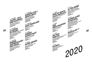 54 55
16. JANUAR
JULIEN – ROT
UND SCHWARZ
Schauspiel von Lukas Bärfuss nach Stendhal
Inszenierung Nora Schlocker
URAUFFÜHRUNG / AUFTRAGSWERK
SCHAUSPIELHAUS
18. JANUAR
LE NOZZE
DI FIGARO
(DIE HOCHZEIT DES FIGARO)
Oper von Wolfgang Amadeus Mozart
Musikalische Leitung Christian Curnyn
Inszenierung Barbara Frey
PREMIERE
GROSSE BÜHNE
24. JANUAR
WIEDER­
AUFERSTEHUNG
DER VÖGEL
Schauspiel von Thiemo Strutzenberger
Inszenierung Katrin Hammerl
URAUFFÜHRUNG / AUFTRAGSWERK
KLEINE BÜHNE
13. FEBRUAR
SHARON EYAL /
BRYAN ARIAS
Tanzabend mit Choreografien
von Sharon Eyal und Bryan Arias
SCHWEIZER ERSTAUFFÜHRUNG /
URAUFFÜHRUNG
SCHAUSPIELHAUS
14. FEBRUAR
GRAF ÖDERLAND
Schauspiel von Max Frisch
Inszenierung Stefan Bachmann
PREMIERE
GROSSE BÜHNE
19. MÄRZ
UNSERE
KLEINE STADT
Schauspiel von Thornton Wilder
Inszenierung Anne-Louise Sarks
PREMIERE
SCHAUSPIELHAUS
27. MÄRZ
PETER GRIMES
Oper von Benjamin Britten
Musikalische Leitung Kristiina Poska
Inszenierung Ulrich Rasche
PREMIERE
GROSSE BÜHNE
28. MÄRZ
HIER IST NOCH
ALLES MÖGLICH
Schauspiel nach dem gleichnamigen Roman
von Gianna Molinari
Inszenierung Claudia Bossard
URAUFFÜHRUNG
KLEINE BÜHNE
23. APRIL
DER
KIRSCHGARTEN
Komödie von Anton Tschechow
Inszenierung Julia Hölscher
PREMIERE
SCHAUSPIELHAUS
24. APRIL
DIE KUH
VOM EIS
Eine Operettenverschweizerung von Tom Ryser
Musikalische Leitung Leonid Maximov
Inszenierung Tom Ryser
PREMIERE
KLEINE BÜHNE
8. MAI
GLORIA!
Ballett von Richard Wherlock
Musikalische Leitung Andrea Marcon
URAUFFÜHRUNG 
GROSSE BÜHNE
14. MAI
LE VIN HERBÉ
(DER ZAUBERTRANK)
Weltliches Oratorium von Frank Martin
Musikalische Leitung Eduardo Strausser
Inszenierung Thom Luz
PREMIERE
SCHAUSPIELHAUS
29. MAI
JEANNE D’ARC
AU BÛCHER
(JOHANNA AUF DEM
SCHEITERHAUFEN)
Dramatisches Oratorium von Arthur Honegger
Musikalische Leitung Franck Ollu
Inszenierung Romeo Castellucci
PREMIERE
GROSSE BÜHNE
12. JUNI
DANCELAB
PLUS
Choreografien junger
Tänzer_innen und Choreograf_innen
URAUFFÜHRUNGEN
KLEINE BÜHNE
2020
 