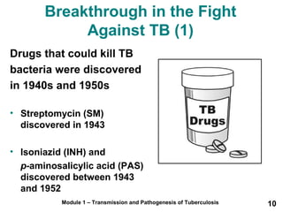 Breakthrough in the Fight 
Against TB (1) 
Drugs that could kill TB 
bacteria were discovered 
in 1940s and 1950s 
• Streptomycin (SM) 
discovered in 1943 
• Isoniazid (INH) and 
p-aminosalicylic acid (PAS) 
discovered between 1943 
and 1952 
Module 1 – Transmission and Pathogenesis of Tuberculosis 10 
 