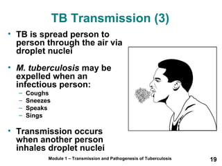 TB Transmission (3) 
• TB is spread person to 
person through the air via 
droplet nuclei 
• M. tuberculosis may be 
expelled when an 
infectious person: 
– Coughs 
– Sneezes 
– Speaks 
– Sings 
• Transmission occurs 
when another person 
inhales droplet nuclei 
Module 1 – Transmission and Pathogenesis of Tuberculosis 19 
 