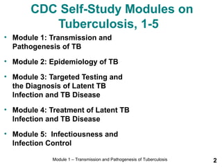 CDC Self-Study Modules on 
Tuberculosis, 1-5 
• Module 1: Transmission and 
Pathogenesis of TB 
• Module 2: Epidemiology of TB 
• Module 3: Targeted Testing and 
the Diagnosis of Latent TB 
Infection and TB Disease 
• Module 4: Treatment of Latent TB 
Infection and TB Disease 
• Module 5: Infectiousness and 
Infection Control 
Module 1 – Transmission and Pathogenesis of Tuberculosis 2 
 