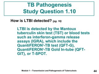 TB Pathogenesis 
Study Question 1.10 
How is LTBI detected? (pg. 16) 
LTBI is detected by the Mantoux 
tuberculin skin test (TST) or blood tests 
such as interferon-gamma release 
assays (IGRA), which include the 
QuantiFERON®-TB test (QFT-G), 
QuantiFERON®-TB Gold In-tube (QFT-GIT), 
or T-SPOT. 
Module 1 – Transmission and Pathogenesis of Tuberculosis 44 
 
