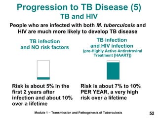 Progression to TB Disease (5) 
TB and HIV 
People who are infected with both M. tuberculosis and 
HIV are much more likely to develop TB disease 
TB infection 
and NO risk factors 
TB infection 
and HIV infection 
(pre-Highly Active Antiretroviral 
Treatment [HAART]) 
Risk is about 5% in the 
first 2 years after 
infection and about 10% 
over a lifetime 
Risk is about 7% to 10% 
PER YEAR, a very high 
risk over a lifetime 
Module 1 – Transmission and Pathogenesis of Tuberculosis 52 
 