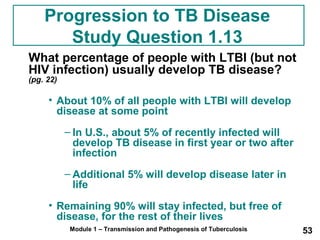 Progression to TB Disease 
Study Question 1.13 
What percentage of people with LTBI (but not 
HIV infection) usually develop TB disease? 
(pg. 22) 
• About 10% of all people with LTBI will develop 
disease at some point 
– In U.S., about 5% of recently infected will 
develop TB disease in first year or two after 
infection 
– Additional 5% will develop disease later in 
life 
• Remaining 90% will stay infected, but free of 
disease, for the rest of their lives 
Module 1 – Transmission and Pathogenesis of Tuberculosis 53 
 
