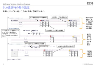 © 2010 IBM Corporation
IBM Proposal Template – Value Driven Proposals
15
SLA違反時の動作設定
一つのサービスに複数のサービ
ス・レベルを定義できます。
この例では、「ゴールド」「シル
バー」「スタンダード」を作成して
います。
定義したサービスに対して、SLAを定義する事ができます。
この時間をすぎると警告状態
この時間ダウンが続くとSLA違反
違反の
回数で
サービ
ス・レベ
ルを決
めたい
場合
日単位でSLA違反時間の最大を定義
SLA違反時間の累積許容時間
SLA違
反の累
積状況
の定義
サービスの
状態の”赤
色”がどのく
らい継続し
たらSLA違
反と見なす
かの定義
SLA違反となるまでの所要時間
 
