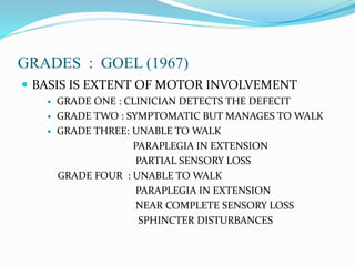 GRADES : GOEL (1967)
 BASIS IS EXTENT OF MOTOR INVOLVEMENT
 GRADE ONE : CLINICIAN DETECTS THE DEFECIT
 GRADE TWO : SYMPTOMATIC BUT MANAGES TO WALK
 GRADE THREE: UNABLE TO WALK
PARAPLEGIA IN EXTENSION
PARTIAL SENSORY LOSS
GRADE FOUR : UNABLE TO WALK
PARAPLEGIA IN EXTENSION
NEAR COMPLETE SENSORY LOSS
SPHINCTER DISTURBANCES
 