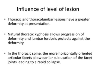 Influence of level of lesion
• Thoracic and thoracolumbar lesions have a greater
deformity at presentation.
• Natural thoracic kyphosis allows progression of
deformity and lumbar lordosis protects against the
deformity.
• In the thoracic spine, the more horizontally oriented
articular facets allow earlier subluxation of the facet
joints leading to a rapid collapse.
 