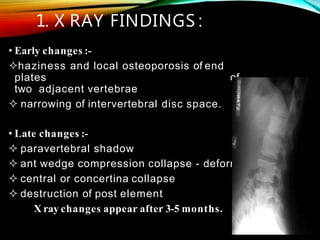 1. X RAY FINDINGS :
• Early changes :-
haziness and local osteoporosis of end
plates of
two adjacent vertebrae
 narrowing of intervertebral disc space.
• Late changes :-
 paravertebral shadow
 ant wedge compression collapse - deformity
 central or concertina collapse
 destruction of post element
X ray changes appear after 3-5 months.
 
