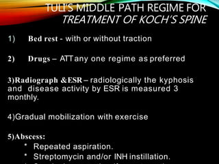 TULI’S MIDDLE PATH REGIME FOR
TREATMENT OF KOCH’S SPINE
1) Bed rest - with or without traction
2) Drugs – ATTany one regime as preferred
3)Radiograph &ESR – radiologically the kyphosis
and disease activity by ESR is measured 3
monthly.
4)Gradual mobilization with exercise
5)Abscess:
* Repeated aspiration.
* Streptomycin and/or INH instillation.
 