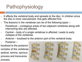 Pathophysiology
 It affects the vertebral body and spreads to the disc. In children since
the disc is more vascularized, that gets affected first.
 The lessions in the vertebrae can be of the following types :-
1. Paradiscal – contagious areas of two adjacent vertebrae along with
intervening disc are affected.
2. Central – body of a single vertebrae is affected. Leads to early
collapse of the vertebrae.
3. Anterior – localised to the anterior part of the vertebral body.
4. Posterior –
localised to the posterior
complex of the vertebrae-
pedical, lamina, spinous
process and transverse
process.
 