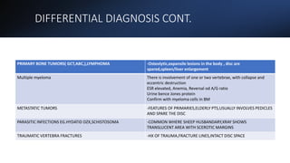 DIFFERENTIAL DIAGNOSIS CONT.
PRIMARY BONE TUMORS( GCT,ABC,),LYMPHOMA -Osteolytic,expansile lesions in the body , disc are
spared,spleen/liver enlargement
Multiple myeloma There is involvement of one or two vertebrae, with collapse and
eccentric destruction
ESR elevated, Anemia, Reversal od A/G ratio
Urine bence Jones protein
Confirm with myeloma cells in BM
METASTATIC TUMORS -FEATURES OF PRIMARIES,ELDERLY PTS,USUALLY INVOLVES PEDICLES
AND SPARE THE DISC
PARASITIC INFECTIONS EG.HYDATID DZX,SCHISTOSOMA -COMMON WHERE SHEEP HUSBANDARY,XRAY SHOWS
TRANSLUCENT AREA WITH SCEROTIC MARGINS
TRAUMATIC VERTEBRA FRACTURES -HX OF TRAUMA,FRACTURE LINES,INTACT DISC SPACE
 