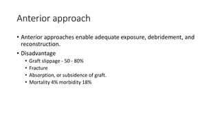 Anterior approach
• Anterior approaches enable adequate exposure, debridement, and
reconstruction.
• Disadvantage
• Graft slippage - 50 - 80%
• Fracture
• Absorption, or subsidence of graft.
• Mortality 4% morbidity 18%
 