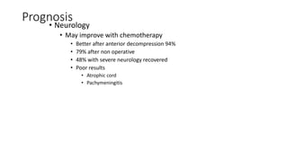 Prognosis
• Neurology
• May improve with chemotherapy
• Better after anterior decompression 94%
• 79% after non operative
• 48% with severe neurology recovered
• Poor results
• Atrophic cord
• Pachymeningitis
 