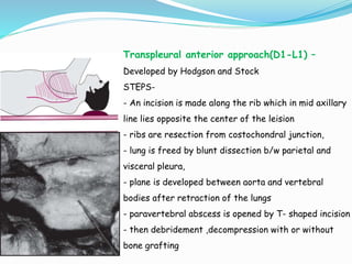 Transpleural anterior approach(D1-L1) –
Developed by Hodgson and Stock
STEPS-
- An incision is made along the rib which in mid axillary
line lies opposite the center of the leision
- ribs are resection from costochondral junction,
- lung is freed by blunt dissection b/w parietal and
visceral pleura,
- plane is developed between aorta and vertebral
bodies after retraction of the lungs
- paravertebral abscess is opened by T- shaped incision
- then debridement ,decompression with or without
bone grafting
 
