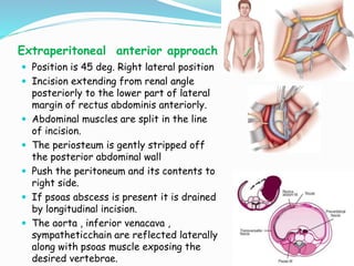 Extraperitoneal anterior approach
 Position is 45 deg. Right lateral position
 Incision extending from renal angle
posteriorly to the lower part of lateral
margin of rectus abdominis anteriorly.
 Abdominal muscles are split in the line
of incision.
 The periosteum is gently stripped off
the posterior abdominal wall
 Push the peritoneum and its contents to
right side.
 If psoas abscess is present it is drained
by longitudinal incision.
 The aorta , inferior venacava ,
sympatheticchain are reflected laterally
along with psoas muscle exposing the
desired vertebrae.
 