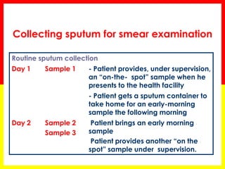 Routine sputum collection 
- Patient provides, under supervision, an “on-the- spot” sample when he presents to the health facility 
Sample 1 
Day 1 
- Patient gets a sputum container to take home for an early-morning sample the following morning 
- Patient brings an early morning sample 
- Patient provides another “on the spot” sample under supervision. 
Sample 2 
Sample 3 
Day 2 
Collecting sputum for smear examination  