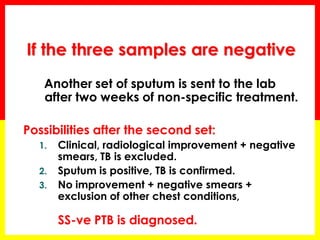 If the three samples are negative 
Another set of sputum is sent to the lab after two weeks of non-specific treatment. 
Possibilities after the second set: 
1.Clinical, radiological improvement + negative smears, TB is excluded. 
2.Sputum is positive, TB is confirmed. 
3.No improvement + negative smears + exclusion of other chest conditions, SS-ve PTB is diagnosed.  