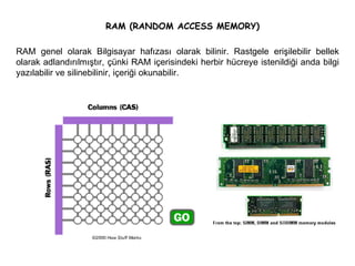 RAM (RANDOM ACCESS MEMORY)  RAM genel olarak Bilgisayar hafızası olarak bilinir. Rastgele erişilebilir bellek olarak adlandırılmıştır, çünki RAM içerisindeki herbir hücreye istenildiği anda bilgi yazılabilir ve silinebilinir, içeriği okunabilir.  
