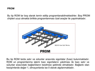 PROM Bu tip ROM lar boş olarak temin edilip programlanabilmektedirler. Boş PROM chipleri ucuz olmakla birlikte programlanması özel araçlar ile yapılmaktadır.  Bu tip ROM larda satır ve sütunlar arasında sigortalar (fuse) bulunmaktadır. ROM un programlanma işlemi bazı sigortaların yakılması ile bazı satır ve sütunlar arasındaki bağlantıların kesilmesi şeklinde olmaktadır. Bağlantı olan kesişimlerde değer 1, olmayanlarda ise 0 olarak algılanmaktadır. 