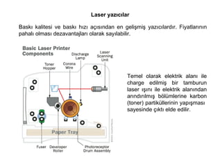 Laser yazıcılar Baskı kalitesi ve baskı hızı açısından en gelişmiş yazıcılardır. Fiyatlarının pahalı olması dezavantajları olarak sayılabilir.   Temel olarak elektrik alanı ile charge edilmiş bir tamburun laser ışını ile elektrik alanından arındırılmış bölümlerine karbon (toner) partiküllerinin yapışması  sayesinde çıktı elde edilir.  