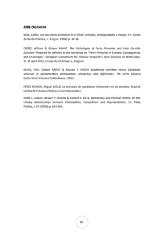 30
BIBLIOGRAFIA
BOIX, Carles. Las elecciones primarias en el PSOE: ventajas, ambigüedades y riesgos. En: Claves
de Razón Práctica, n. 83 (jun. 1998); p. 34-38.
CROSS, William & Gideon RAHAT. The Pathologies of Party Primaries and their Possible
Solutions Prepared for delivery at the workshop on “Party Primaries in Europe: Consequences
and Challenges,” European Consortium for Political Research’s Joint Sessions of Workshops,
11-15 April 2012, University of Antwerp, Belgium.
KENIG, Ofer, Gideon RAHAT & Reuven Y. HAZAN Leadership selection versus Candidate
selection in parliamentary democracies: similarities and differences, 7th ECPR General
Conference Sciences Po Bordeaux. (2013)
PÉREZ MONEO, Miguel (2012) La selección de candidatos electorales en los partidos, Madrid,
Centro de Estudios Políticos y Constitucionales.
RAHAT, Gideon, Reuven Y. HAZAN & Richard S. KATZ. Democracy and Political Parties: On the
Uneasy Relationships between Participation, Competition and Representation. En: Party
Politics, n.14 (2008); p. 663-683.
 