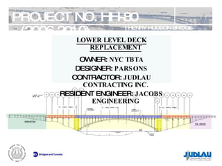PROJECT NO. HH-80 (2006-2010) HENRY HUDSON BRIDGE REHABILITATION LOWER LEVEL DECK REPLACEMENT OWNER:  NYC TBTA DESIGNER:  PARSONS CONTRACTOR:  JUDLAU CONTRACTING INC. RESIDENT ENGINEER:  JACOBS ENGINEERING 