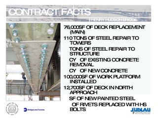 CONTRACT FACTS HENRY HUDSON BRIDGE REHABILITATION 76,000SF OF DECK REPLACEMENT (MAIN) 110 TONS OF STEEL REPAIR TO TOWERS TONS OF STEEL REPAIR TO STRUCTURE CY  OF EXISTING CONCRETE REMOVAL CY  OF NEW CONCRETE 100,000SF OF WORK PLATFORM INSTALLED 12,700SF OF DECK IN NORTH APPROACH SF OF NEW PAINTED STEEL OF RIVETS REPLACED WITH HS BOLTS 
