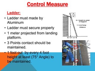 Ladder:
• Ladder must made by
Aluminum
• Ladder must secure properly
• 1 meter projected from landing
platform.
• 3 Points contact should be
maintained.
• 1 foot out by every 4 foot
height at least (75° Angle) to
be maintained.
Control Measure
 
