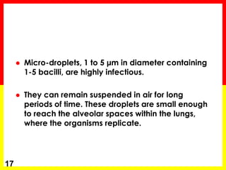 Micro-droplets, 1 to 5 μm in diameter containing 1-5 bacilli, are highly infectious. 
They can remain suspended in air for long periods of time. These droplets are small enough to reach the alveolar spaces within the lungs, where the organisms replicate. 
17  