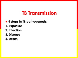 TB Transmission 
4 steps in TB pathogenesis: 
1. Exposure 
2. Infection 
3. Disease 
4. Death  