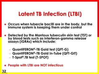 Module 1 – Transmission and Pathogenesis of Tuberculosis 
32 
Occurs when tubercle bacilli are in the body, but the immune system is keeping them under control 
Detected by the Mantoux tuberculin skin test (TST) or by blood tests such as interferon-gamma release assays (IGRAs) which include: 
–QuantiFERON®-TB Gold test (QFT-G) 
–QuantiFERON®-TB Gold In-Tube (QFT-GIT) 
–T-Spot®.TB test (T-SPOT) 
People with LTBI are NOT infectious 
Latent TB Infection (LTBI)  