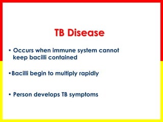 34 
TB Disease 
• Occurs when immune system cannot keep bacilli contained 
•Bacilli begin to multiply rapidly 
• Person develops TB symptoms  