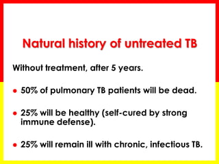 Natural history of untreated TB 
Without treatment, after 5 years. 
50% of pulmonary TB patients will be dead. 
25% will be healthy (self-cured by strong immune defense). 
25% will remain ill with chronic, infectious TB.  