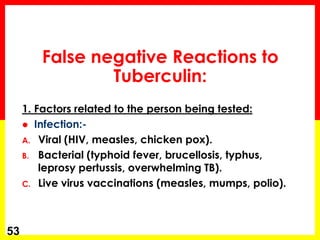 False negative Reactions to Tuberculin: 
1. Factors related to the person being tested: 
Infection:- 
A.Viral (HIV, measles, chicken pox). 
B.Bacterial (typhoid fever, brucellosis, typhus, leprosy pertussis, overwhelming TB). 
C.Live virus vaccinations (measles, mumps, polio). 
53  
