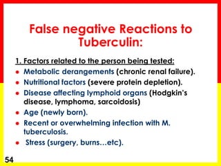 False negative Reactions to Tuberculin: 
1. Factors related to the person being tested: 
Metabolic derangements (chronic renal failure). 
Nutritional factors (severe protein depletion). 
Disease affecting lymphoid organs (Hodgkin’s disease, lymphoma, sarcoidosis) 
Age (newly born). 
Recent or overwhelming infection with M. tuberculosis. 
 Stress (surgery, burns…etc). 
54  
