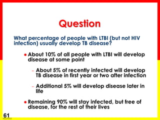 Module 1 – Transmission and Pathogenesis of Tuberculosis 
61 
Question 
What percentage of people with LTBI (but not HIV infection) usually develop TB disease? 
About 10% of all people with LTBI will develop disease at some point 
–About 5% of recently infected will develop TB disease in first year or two after infection 
–Additional 5% will develop disease later in life 
Remaining 90% will stay infected, but free of disease, for the rest of their lives  