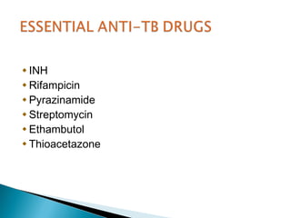 INH
Rifampicin
Pyrazinamide
Streptomycin
Ethambutol
Thioacetazone
 